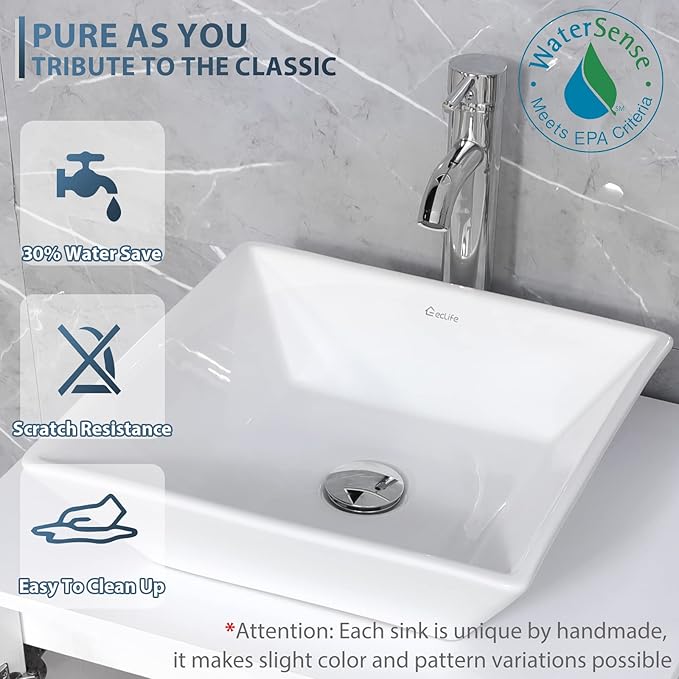 eclife 48" Bathroom Vanity Sink Combo Modern Metal Stand Cabinet W/Bottom Shelf & Storage Side Cabinets White Square Vessel Sink & Water Save Faucet & Pop Up Drain, Oak (A07)