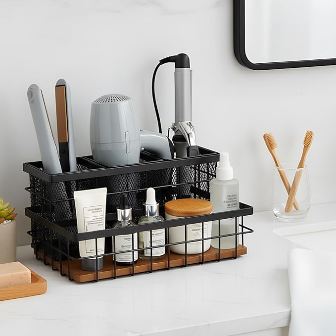 1 Pcs 1pcs Hair Tool Organizer Countertop Breathable Metal Bamboo Hot Tools Vanity Organizer Under Sink Bathroom Hair Dryer Holder Countertop Brush Comb Holder Tray (Koa Wood,Black)