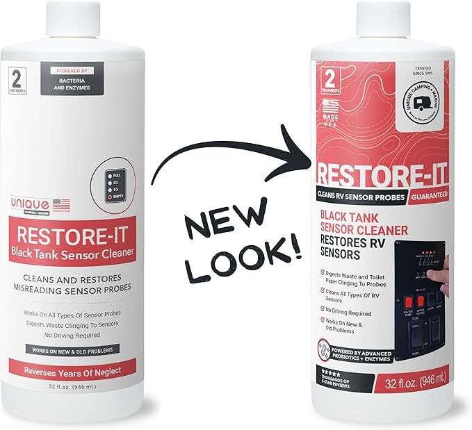 Unique Restore-It RV Sensor Cleaner Liquid - Cleans and Restores Misreading Sensor Probes by Removing Stuck-On Waste in Black Tanks - 2 Treatments Per Bottle (32 oz) Packaging May Vary