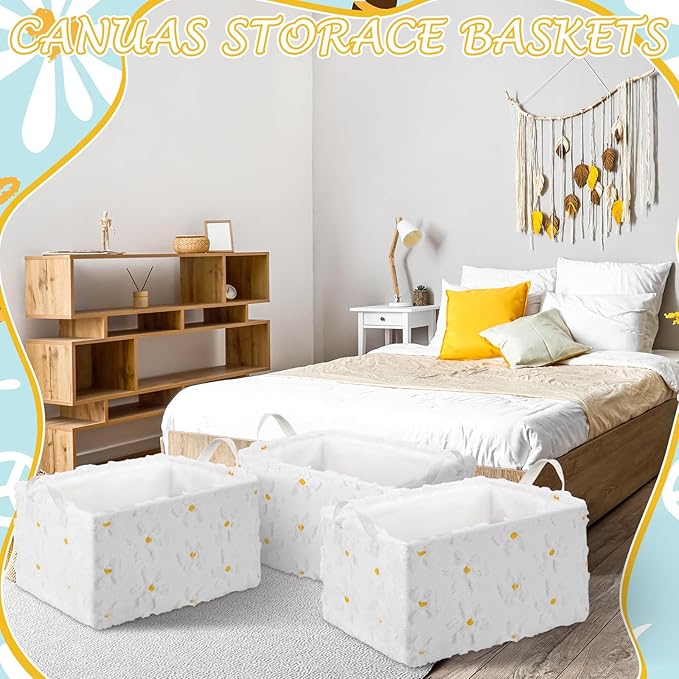 Kathfly Daisy Storage Baskets Plush Faux Fur Jacquard Design Laundry Basket with Handles Waterproof Flower Storage Bins Fabric Shelf Baskets for Organizing Closet Clothes