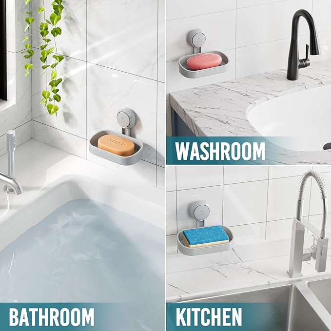 TAILI Soap Dish Bar Holder Suction Cup,SoapSaver with Powerful Vacuum Suction,Sponge Holder for Shower,Bathroom,Tub andKitchen Sink,Universal Shower Accessories,Drill-Free,Removable,2 Pack,Grey