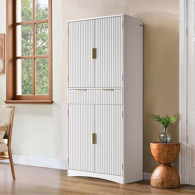 Marsail 72" Tall Kitchen Pantry Cabinet, Spacious Storage Cabinet with a Drawer, 4 Adjustable Shelves, 6 Door Shelves, Anti-Tip Safety, Fluted Cabinet for Kitchen, Dining, and Living Room, Light White