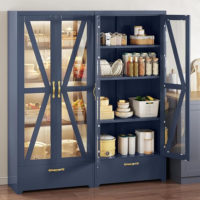DWVO Display Cabinet with LED Lights, 61" Metal Display Case with Glass Barn Doors for Collectibles, Organizer Cabinet with 3 Adjustable Shelves and Drawer for Living Bedroom, Office, Navy Blue