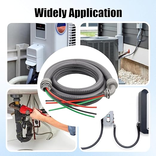 1/2Inch Outdoor Electrical Whips Kit, 10 FT Nonmetallic Liquid Tight Flexible Conduit Wire with 3 Conductors 10 Gauge THHN Electrical Wires, A/C Disconnect Box Power Whips Assembly (10FTx1/2Inch)
