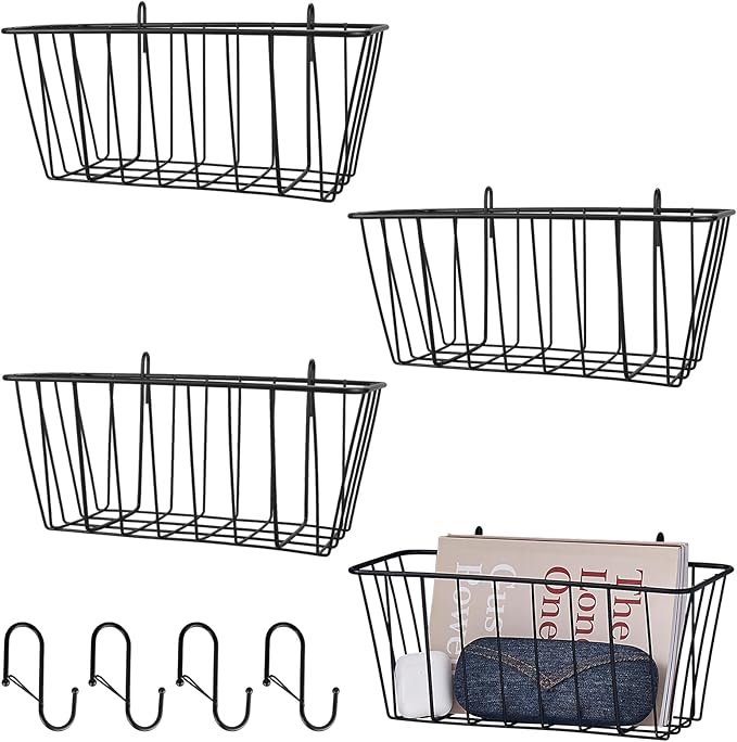 4 Pack Large Grid Wall Baskets with S-Hook - Gridwall Accessories Set Black Metal Hanging Shelf Basket Bins Organizer - Modular Storage Holders for Photo Display Panel Shelving Caddy for Garage