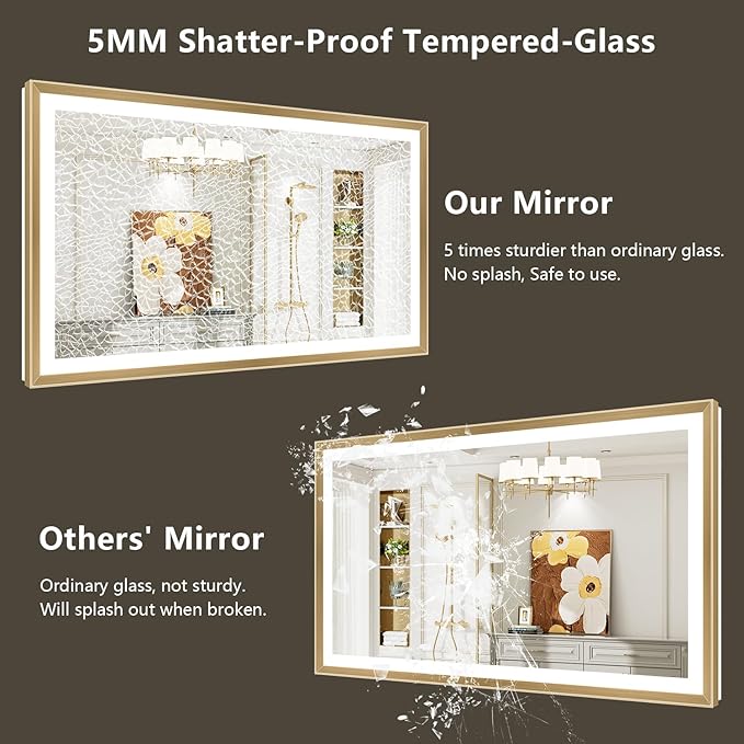 48x40 Gold Framed LED Bathroom Mirror with Lights, Backlit and Front Light, Lighted Bathroom Vanity Mirror for Wall Dimmable Anti-Fog Memory Tempered Glass Horizontal/Vertical