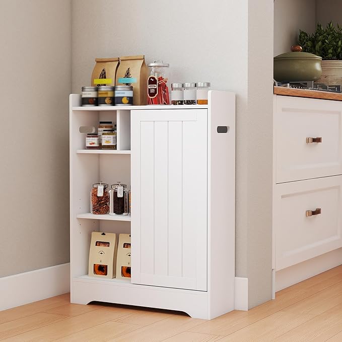 Giantex Bathroom Storage Cabinet, Slim Floor Cabinet w/2 Sliding Doors & Adjustable Shelves, Next to Toilet Storage Organizer w/Toilet Paper Holders & Brush Compartment for Small Space (White)