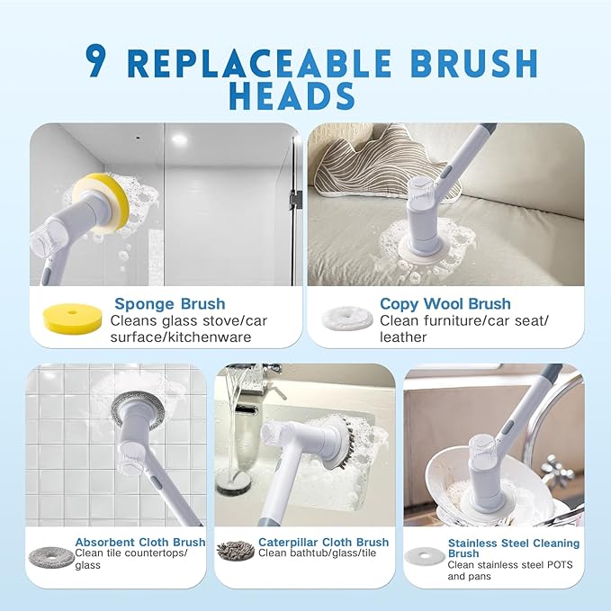 Electric Spin Scrubber,Spray with Foam Cordless Cleaning Brush, 2-Speed Shower Scrubber, Shower Cleaning Brush with 9 Replaceable Brush Heads, Adjustable Removable Handle for Bathroom(White & Grey)