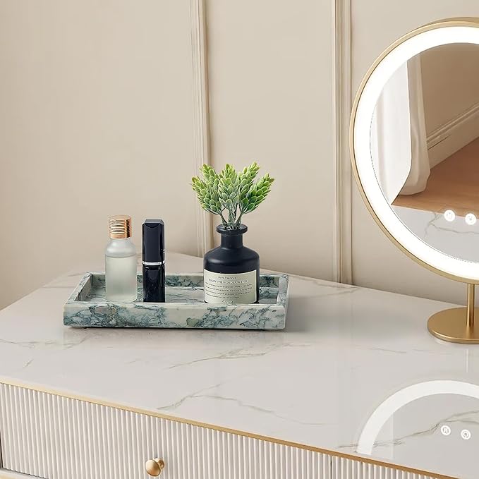 Natural Small Marble Vanity Tray, Luxury Stone Organizer for Bathroom & Kitchen | Holds Soap Dispenser, Jewelry, Perfume | Non-Resin, Non-Ceramic Décor (Cyan-Green, Mini (7.9" x 4.3" x 0.78"))