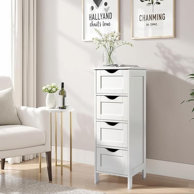 Bonnlo Bathroom Storage Cabinet Skinny Wooden Side Bathroom with 4 Drawers Small Free Standing Floor Cabinet White Slim 12 Inch Wide Organizer for Bedroom Living Room, 12 Inch Deep Narrow Organizer