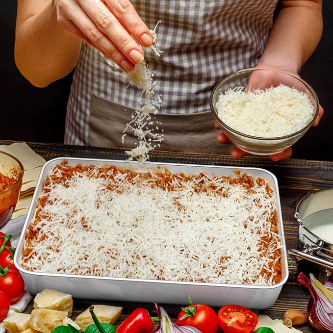 TeamFar Lasagna Pan, 12.3’’ x 9.75’’ x 2’’ Stainless Steel Rectangular Cake Brownie Baking Pan with Lid, Non-Toxic & Heavy Duty, Brush Surface & Deep Side, Dishwasher Safe-2 Pans+2 Lids