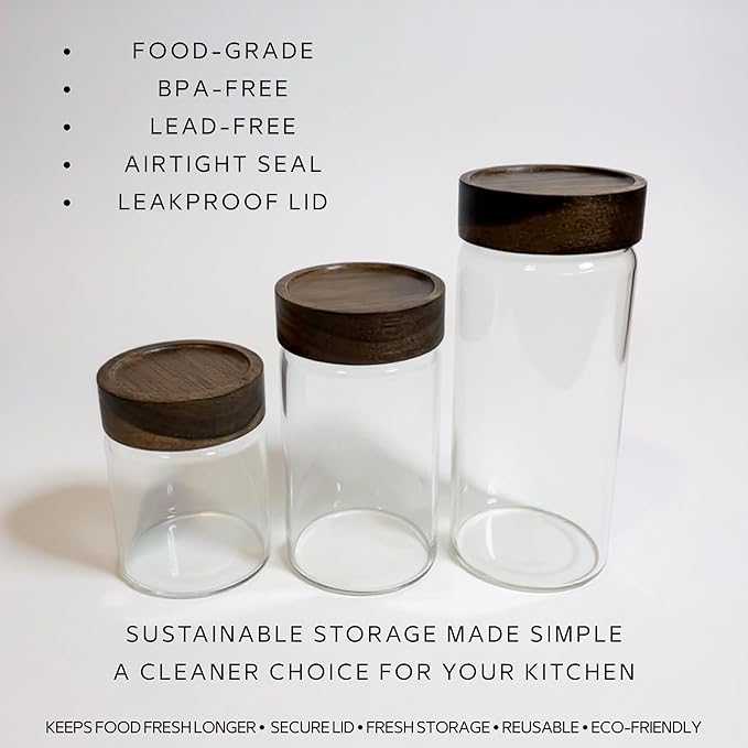 Wide Mouth Glass Storage Jars With 3" Acacia Wood Lids - 4 Pack of 9.1 Oz Airtight Food Storage Containers - Borosilicate Glass Canisters for Kitchen - Pantry Organizers and Storage for Rice Coffee