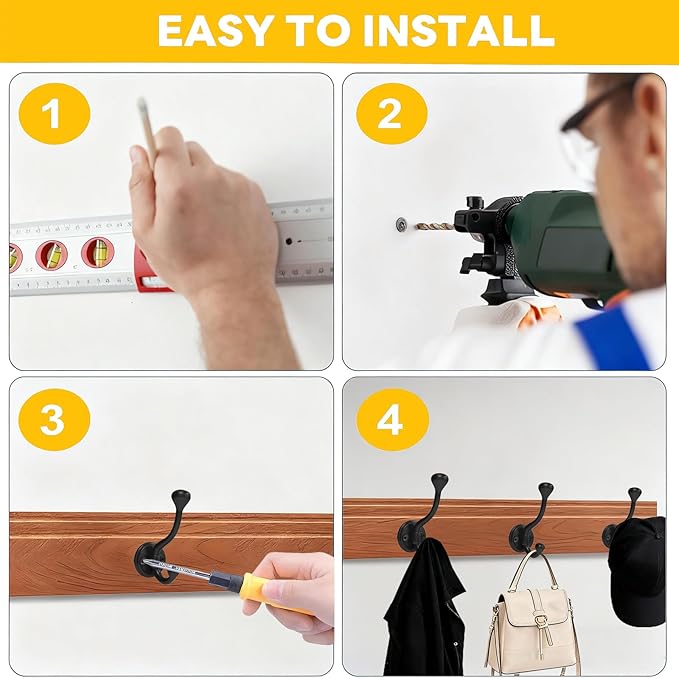 4 Pack Wall Hooks for Hanging, Heavy Duty Coat Hook Wall Mount, Easy to Install Metal Closet Hooks, Apply to Bathrooms, Bedrooms, Living Rooms, Entrances(Black)
