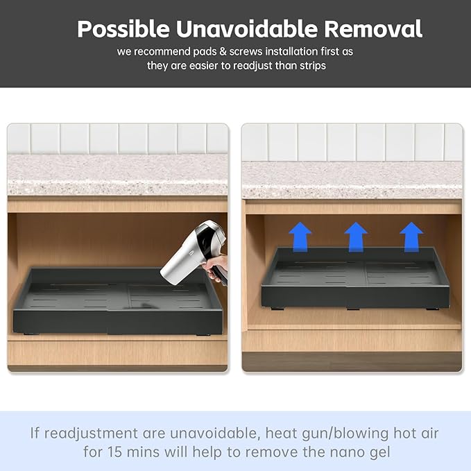 4Pack Expandable Pull Out Cabinet Organizer 21" Deep - Sliding Drawer Organizer Roll Out Shelves Adhesive - Adjustable Width 15.2"-26.2" W (Black)
