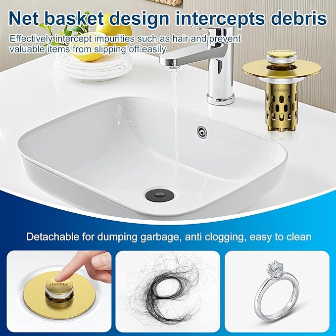 Bathroom Sink Stopper,All Metal Pop-Up Sink Drain Strainer with Removable Stainless Steel Filter Basket, Universal Bathroom Hair Catcher Fit for 1.1-2.36'' Drain (Gold, 2 Pack)