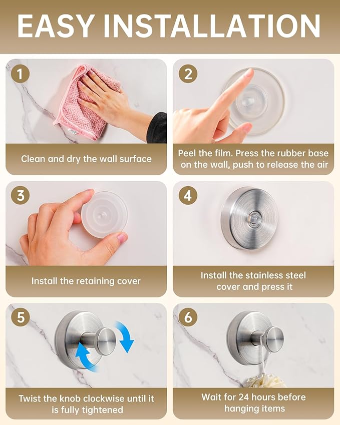 Suction Cup Hooks for Shower, Suction Cup Hooks for Door Wreaths, Robe Towel Hooks Heavy Duty for Bathroom Hanging, Windows, Kitchen, Glass, Mirror, No Drilling, 6 Pack (Silver)