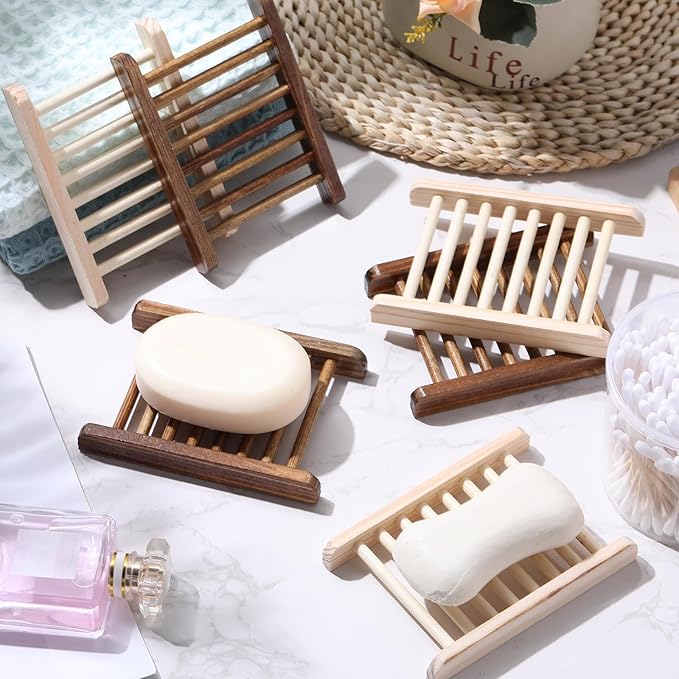 Rtteri 100 Pieces Bamboo Wood Soap Dish Tray Bathroom Wooden Soap Holder Handmade Bathtub Shower Dish Accessories for Home Bathroom Kitchen Sponge Scrubber