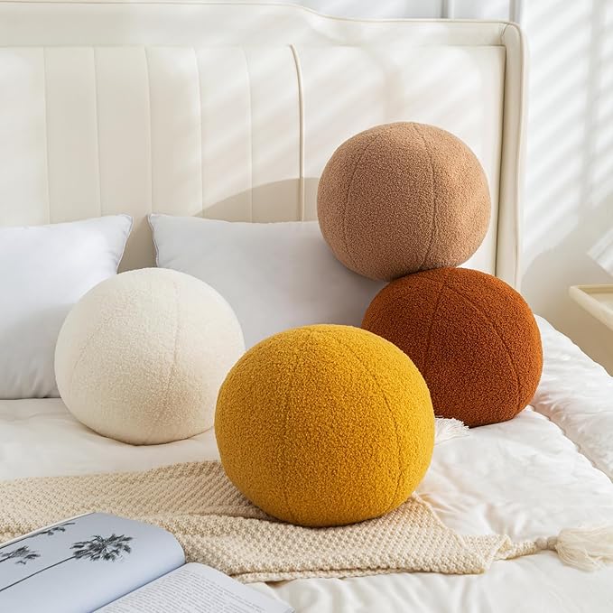 11.8 inch Ball Pillow Nordic Round Throw Pillows Boucle Ball Pillow Sphere Shaped Pillow Round Decorative Pillow for Couch, Sofa, Bedroom (Caramel, 11.8 inch)