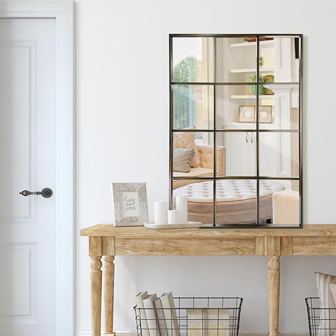 Windowpane Wall Mirror 30"x48" Bronze Wall Mounted Art Pane Mirror Farmhouse Decorative Mirror Leaning Hanging Wall Mirror for Bedroom Living Room Entrance Hallway Wall Decor