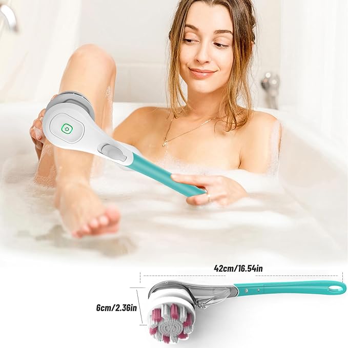 Longzhuo Electric Back Scrubber for Shower with 6 Brush Heads, Rechargeable Bath Brush, Electric Body Scrubber with Long Handle, for Cleanse, Massage, Exfoliate and Pamper Your Skin (Sapphire Blue)