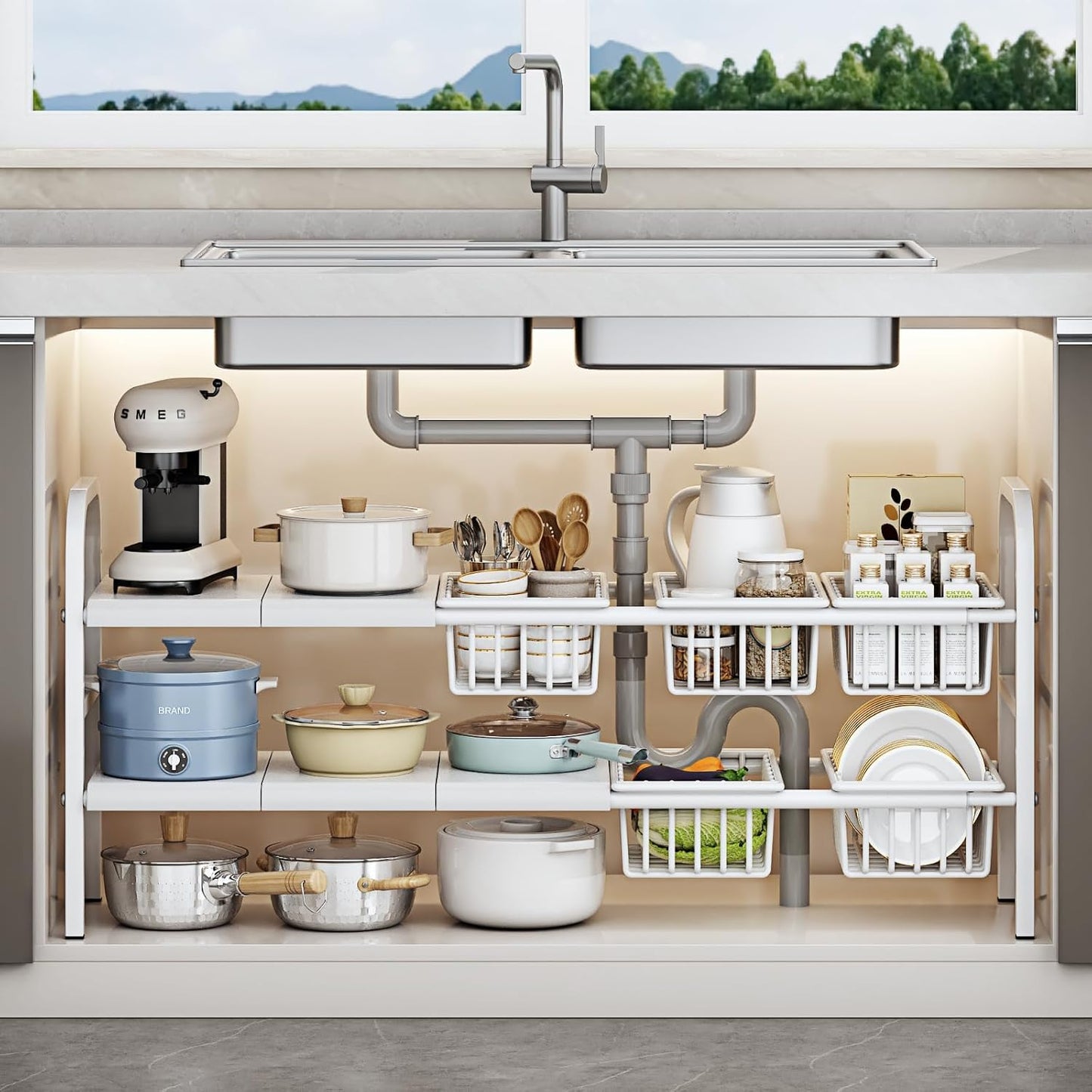 Under Sink Organizer,2 Tier Expandable Heavy Duty Metal Shelf,with 5 Removable Panels and 5 Storage Basket for Under Kitchen Bathroom Sink Organizers and Storage(White, Large)