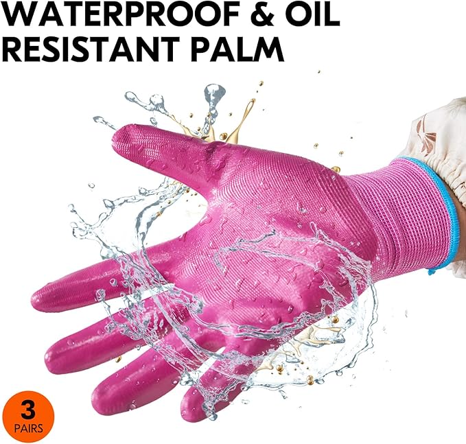 Vgo... 3Pairs Ladies' Nitrile Coating Gardening and Work Gloves (Size M, Green & Pink & Purple, NT2110)