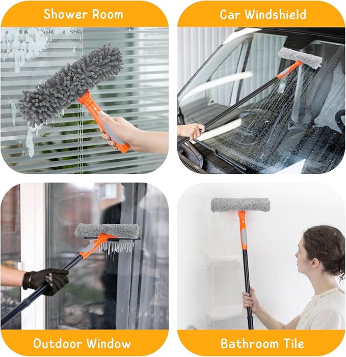 Squeegee Broom for Floor, 18'' Rubber Squeegee with 60'' Long Handle for Bathroom Tile, Window Cleaner Tool for Home, 59.5'' Squeegee Kit for Glass, Car Windshield, Mirror, Shower Door Cleaning