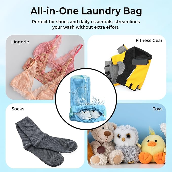 2PCS Shoe Washing Machine Bag with Pair of Shoe Tree and 4 Deodorizer Balls, Durable Zipper Reusable Shoe Washing Bag with 20000+ Fluffy Fiber Lining For 360ยฐ Cleaning for Sneakers (Blue)