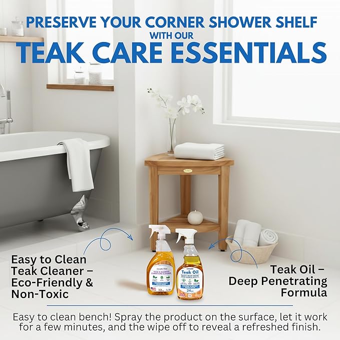 EcoDecors Snazzy Corner Waterproof Teak Wood Shower Bench Stool Seat Chair For Inside Shower Provides Safety, Storage, and Organization For Bathroom Accessories