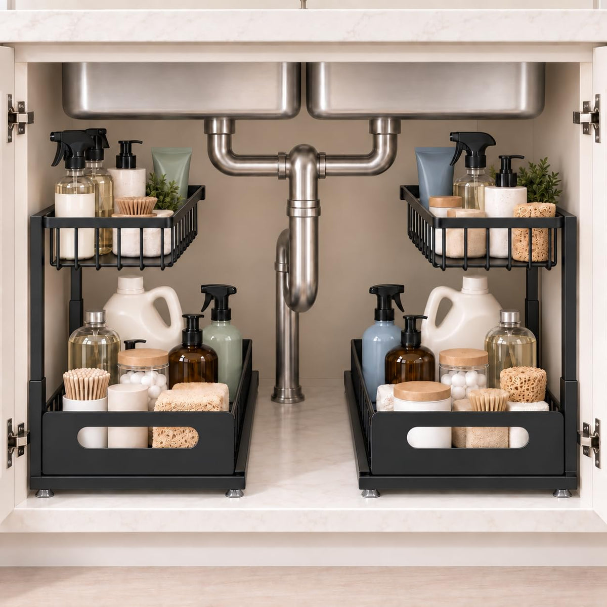 Under Sink Organizer, 2-Tier Pull-Out Metal Drawer, 2 Pack - Image 1