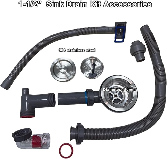 Single Bowl Kitchen Sink Drain Kit Space Saving Sink Drain Kit Universal Kitchen Sink Drain Pipe 3-1/2inch Kitchen Sink Drain with 304 Stainless Steel Kitchen Sink Drain Basket