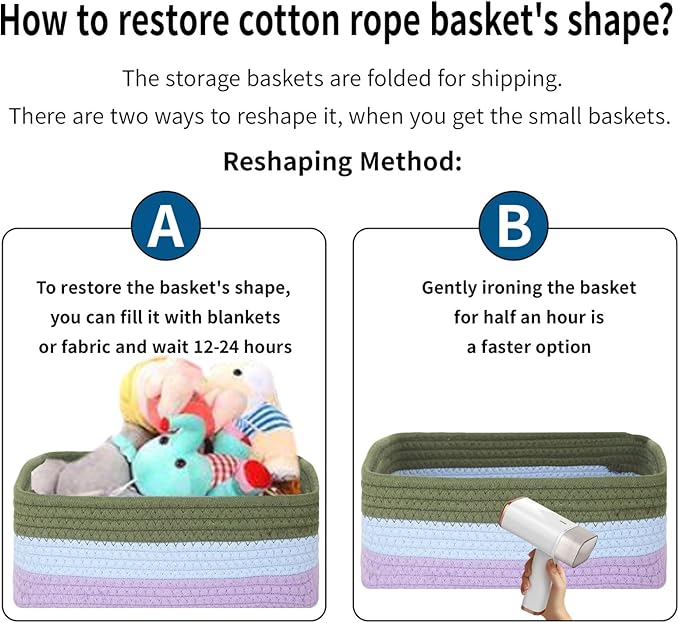 4 Pack Storage Baskets for Organizing, Small Storage Bins for Shelves, Woven Cotton Rope Baskets with Handles, Organizer Baskets for Gifts Empty, 12''Lx8''Wx4.5''H (Rainbow)