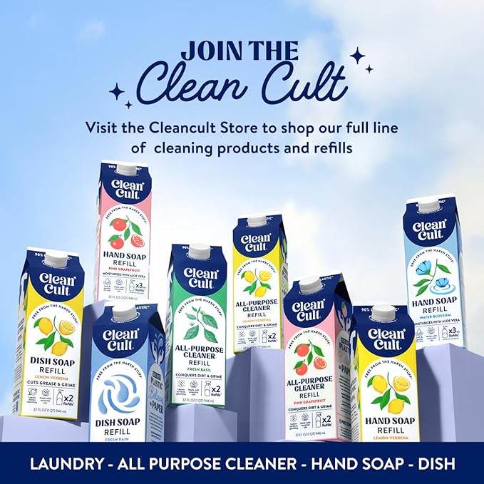 Cleancult Dish Soap Liquid Refill (32oz, 1 Pack) - Plant Based Cleaning Power - Dish Soap that Cuts Grease & Grime - Free of Harsh Chemicals - Uses 90% Less Plastic - Free & Clear