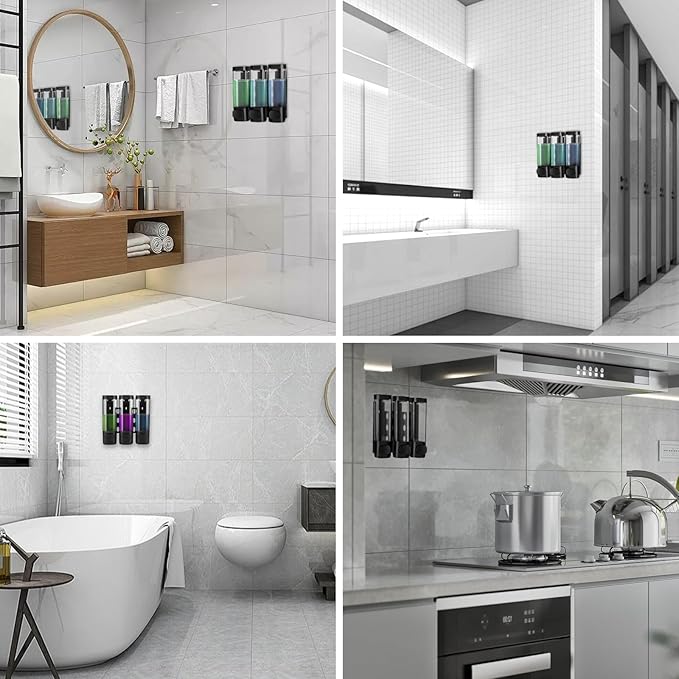 6pcs Shampoo and Conditioner Dispenser No Drill Shower soap Dispenser Wall Mounted 3 Chamber for Bathroom, Kitchen,Hotel Pumps are Easy to use No leaks (Black)