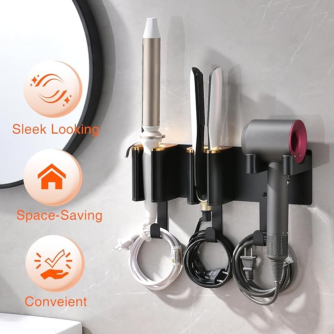 Hair Tool Organizer Wall Mount, Hair Dryer Curling iron Organizer, Flat Iron Straightener Holder, Aluminum Alloy & ABS plastic, Black and Gold (Not Including Hair Tools)