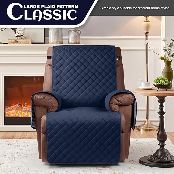 KinCam 100% Waterproof Recliner Chair Cover, Reclining Couch Covers for Pets, Dogs, Recliner Couch Slipcover Furniture Protector with Elastic Straps for Kids(28", Dark Blue)