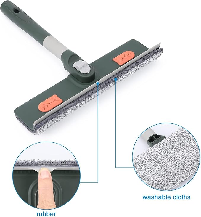 Window Squeegee with Scrubber, with Extendable 4 Section Stainless Steel Pole and 4 Microfiber Pads, for Glass, Shower, Floor, Outdoor High Window Cleaning Etc.