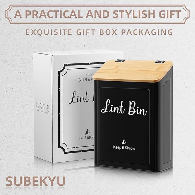 SUBEKYU Metal Magnetic Lint Bin for Laundry Room, Wall Mounted Lint Box Holder with Lid for Dryer,Laundry Room Organization and Storage,Bamboo Lid Lint Basket,Black