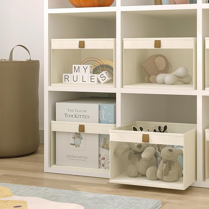 Linen Closet Organizers and Storage, Closet Storage Bins Basket Organizer, Foldable Organization Baskets with Mesh Window for Clothes Towels and Toys, 12.75" x 12.75" x 9", Beige, 2 pack