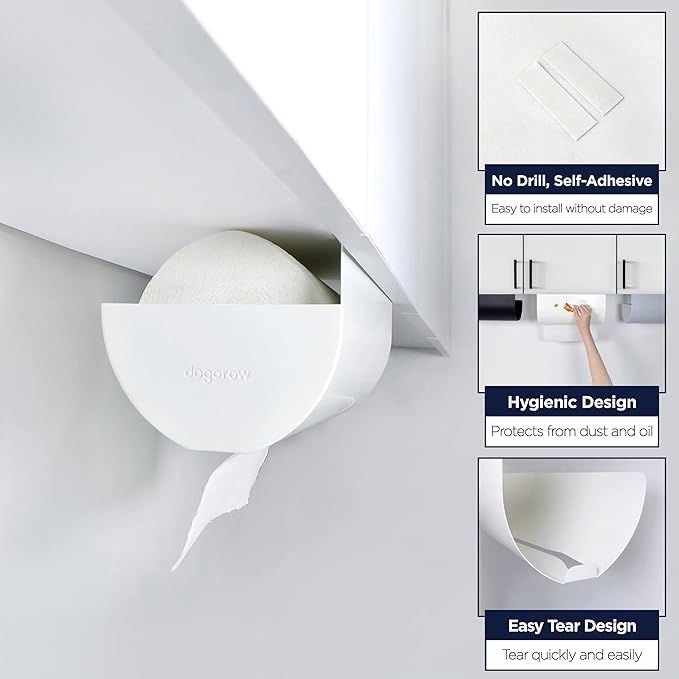 Paper Towel Holder - Under Cabinet, No-Drill Self-Adhesive Hanging Rack, Easy Tear, Space-Saving Sleek Metal Kitchen Roll Dispenser, Wall-Mount Look, Kitchen Storage & Organization - White
