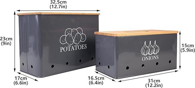 Potato Onion Kitchen Storage Canisters,Storage Bin For Kitchen 2 Pack Set,potatoe, Potato Storage Box,storage And Long Shelf Life With Aerating Tin Storage Holes-gray