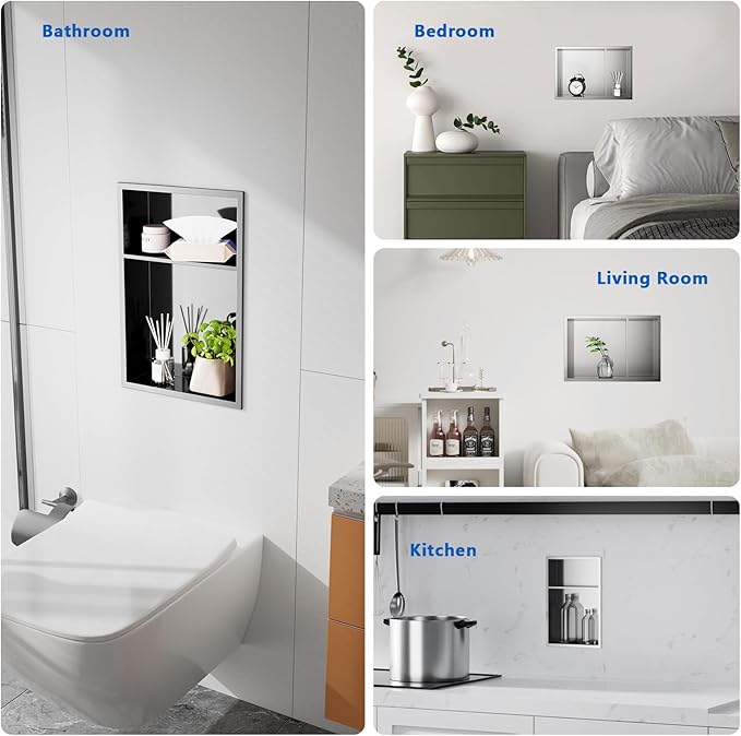 QAOYEDE Shower Niche Insert No Tile Needed, 18"x12" Stainless Steel Niche for Shower Wall, Recessed Shelf for Bathroom Storage 2 Layer,Brushed Nickel