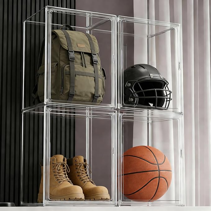 Extra Large 17.7" x 13" x 13" Clear Stackable Storage Bins, Acrylic Display Case with Magnetic Lids, Football & Motorcycle Helmet Showcase, Basketball, Sports Memorabilia Organizer (2 Pack)