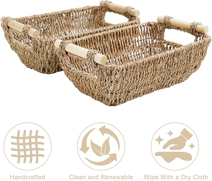 Small Wicker Baskets for Organizing, Hand Woven Seagrass Baskets with Wooden Handles, Decorative Woven Baskets for Storage, Pantry, Bathroom & Shelves, 2-Pack