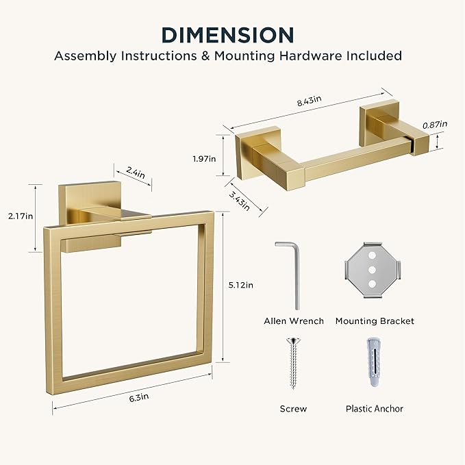Bathroom Hardware Set — Toilet Paper Holder & Towel Ring, Brushed Gold