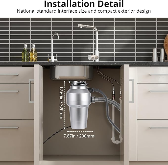 0.75HP 3/4HP Garbage Disposal, 560W 110V Continuous Feed Food Waste Disposer with 14 in Power Cord, 4200r/Min Food Waste Grinding System for Kitchen Sinks, Air Switch