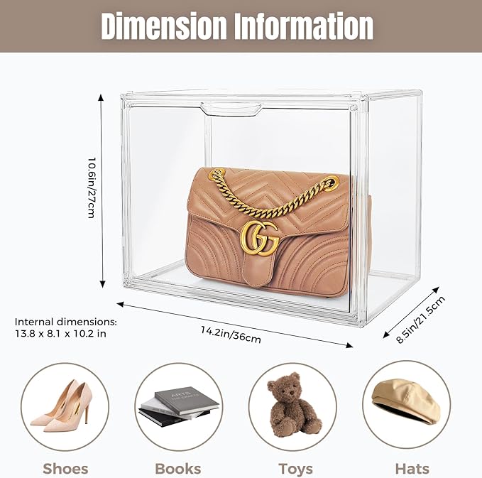 9Pack Purse Organizer for Closet Clear Acrylic Display Case Handbag Storage Organizer Box with Magnetic Door Stackable Storage Bins with Dustproof Lid for Book Toys Shoes Cosmetic Collectibles