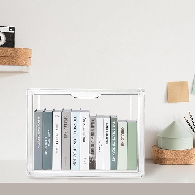 2 PACK Clear Book Storage Organizer Stackable Acrylic Book Display Box with Magnetic Door for Bookshelf Easy Assemble Bookcase Containers Display case for Comics Toys Handbags Shoes Purses