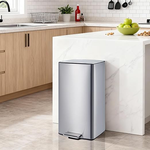 Kitchen Trash Can with Soft Close Lid & Foot Pedal, 40 Liter / 10.6 Gallon Stainless Steel Garbage Can with Odor Filter & Removable Inner Bucket, Rectangular Waste Bin for Home Kitchen Office