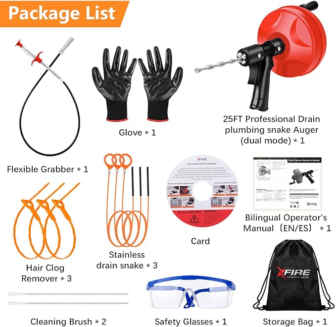 25 FT Double Mode Drain Snake Tools, 14-in-1 Drain Auger for Sink and Drain Unblocking, Plumbing Snake for Kitchen, Bathrom and Shower Sink, Drain Clog Remover for Real DYIs【Upgraded】